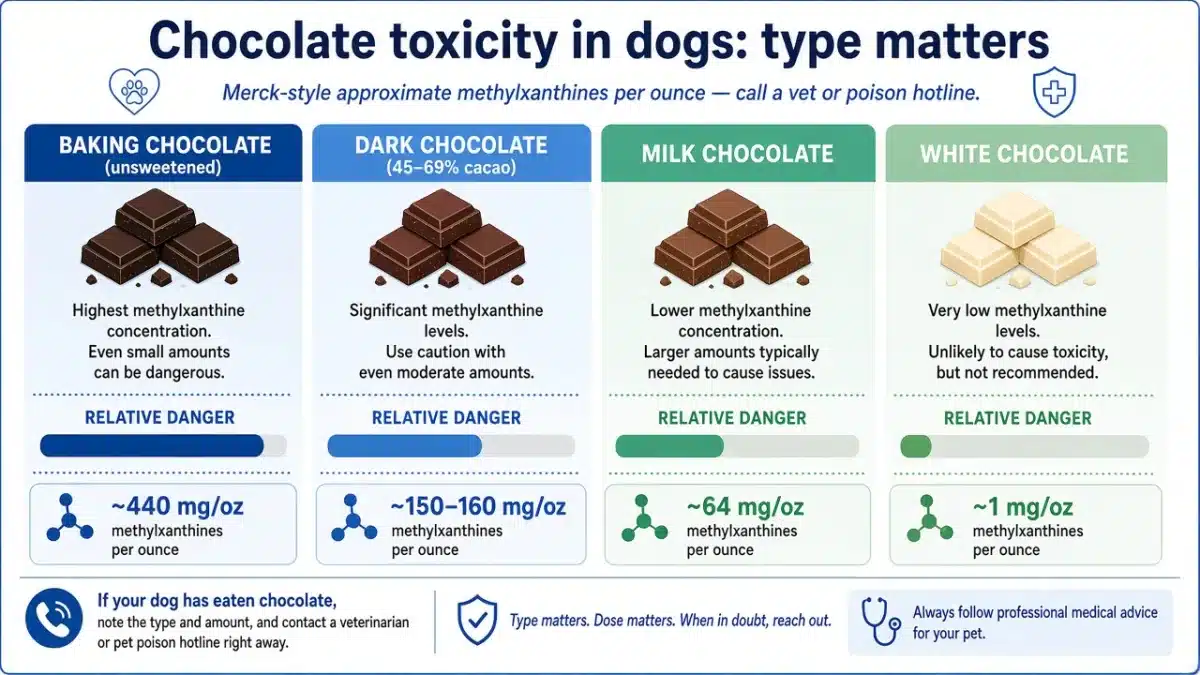 Chocolate toxicity in dogs by type: baking, dark, milk, white methylxanthines per ounce Chocolate toxicity in dogs by type: baking, dark, milk, white methylxanthines per ounce