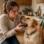 Concerned owner gently checking a Labrador retriever's mouth in a kitchen