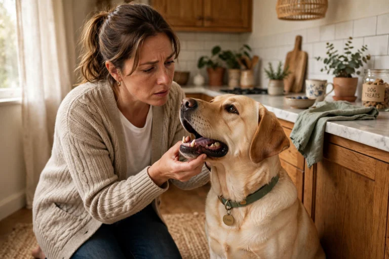 Concerned owner gently checking a Labrador retriever's mouth in a kitchen
