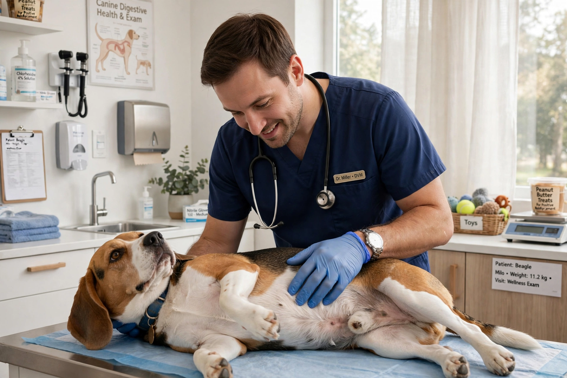 Veterinarian examining a golden retriever's abdomen in a modern vet clinic.