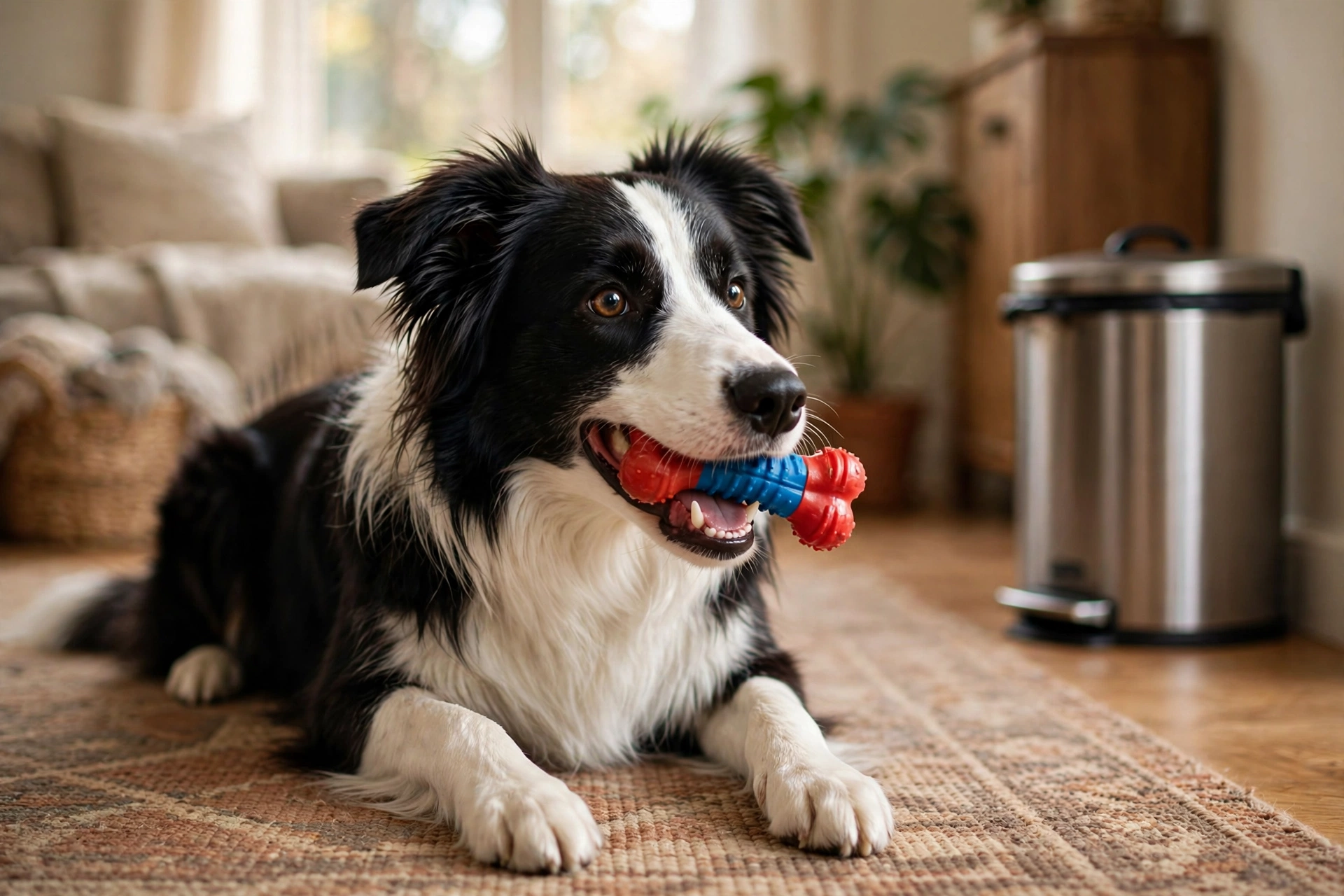 Golden retriever chewing a safe rubber chew toy in a cozy living room.