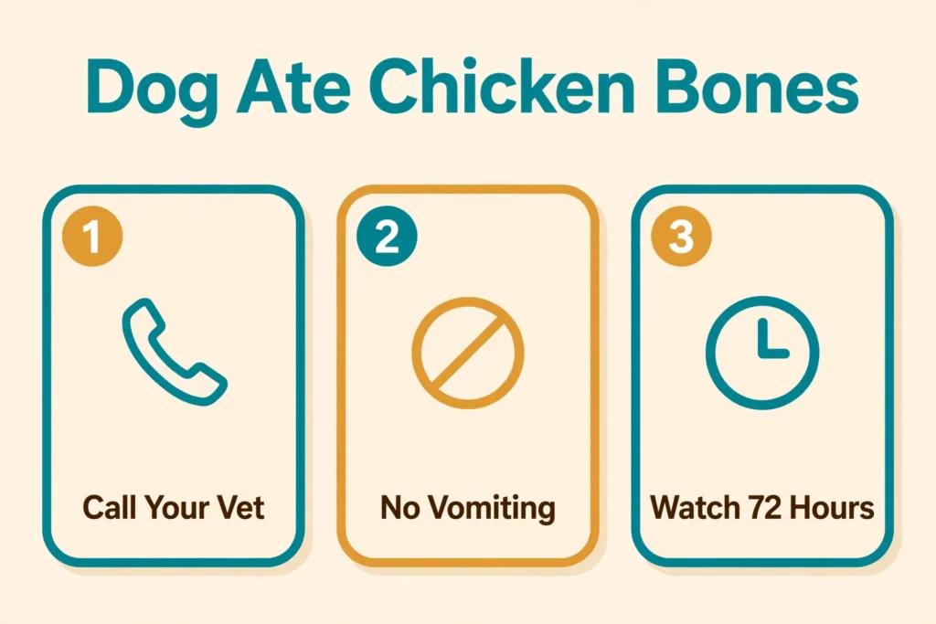 Infographic: three steps when your dog eats chicken bones — 1. Call your vet, 2. No vomiting, 3. Watch 72 hours