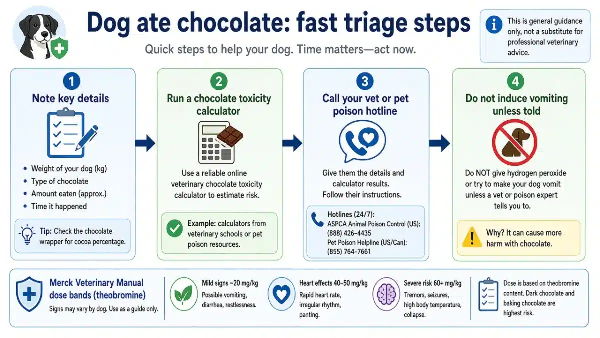 Dog ate chocolate: fast triage steps, calculator, and when to call a poison hotline Dog ate chocolate: fast triage steps, calculator, and when to call a poison hotline
