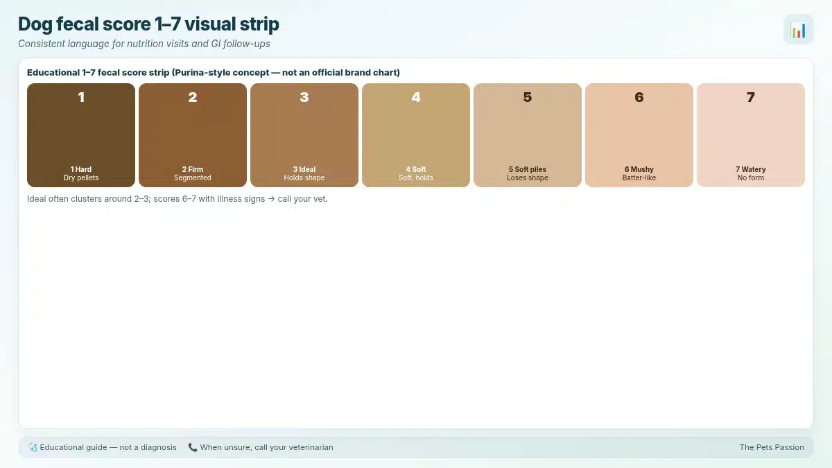 Dog fecal score 1–7 visual strip. Consistent language for nutrition visits and GI follow-ups Dog fecal score 1–7 visual strip. Consistent language for nutrition visits and GI follow-ups