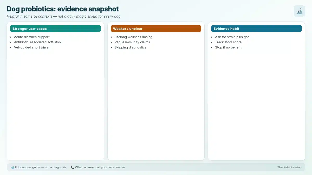 Dog probiotics: evidence snapshot. Helpful in some GI contexts — not a daily magic shield for every dog Dog probiotics: evidence snapshot. Helpful in some GI contexts — not a daily magic shield for every dog