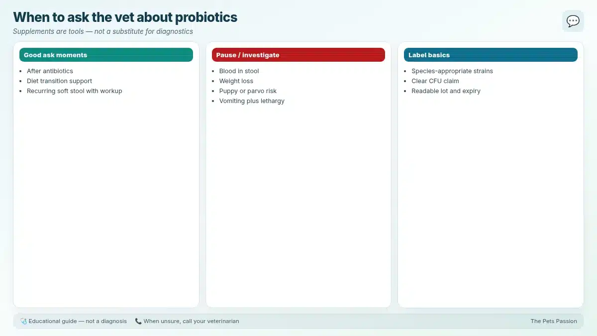 When to ask the vet about probiotics. Supplements are tools — not a substitute for diagnostics When to ask the vet about probiotics. Supplements are tools — not a substitute for diagnostics