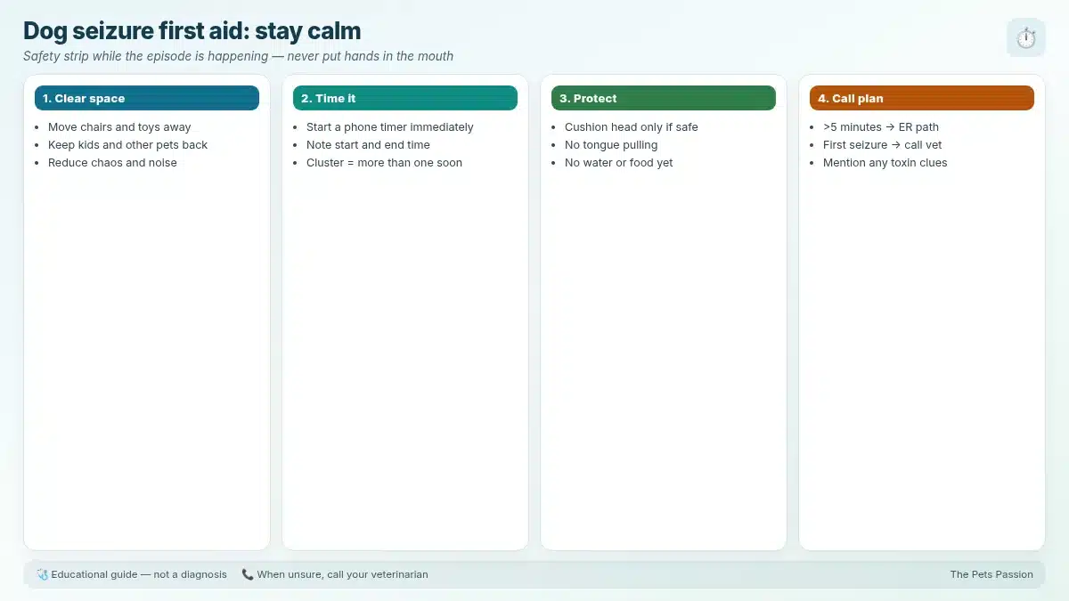 Dog seizure first aid: stay calm. Safety strip while the episode is happening — never put hands in the mouth