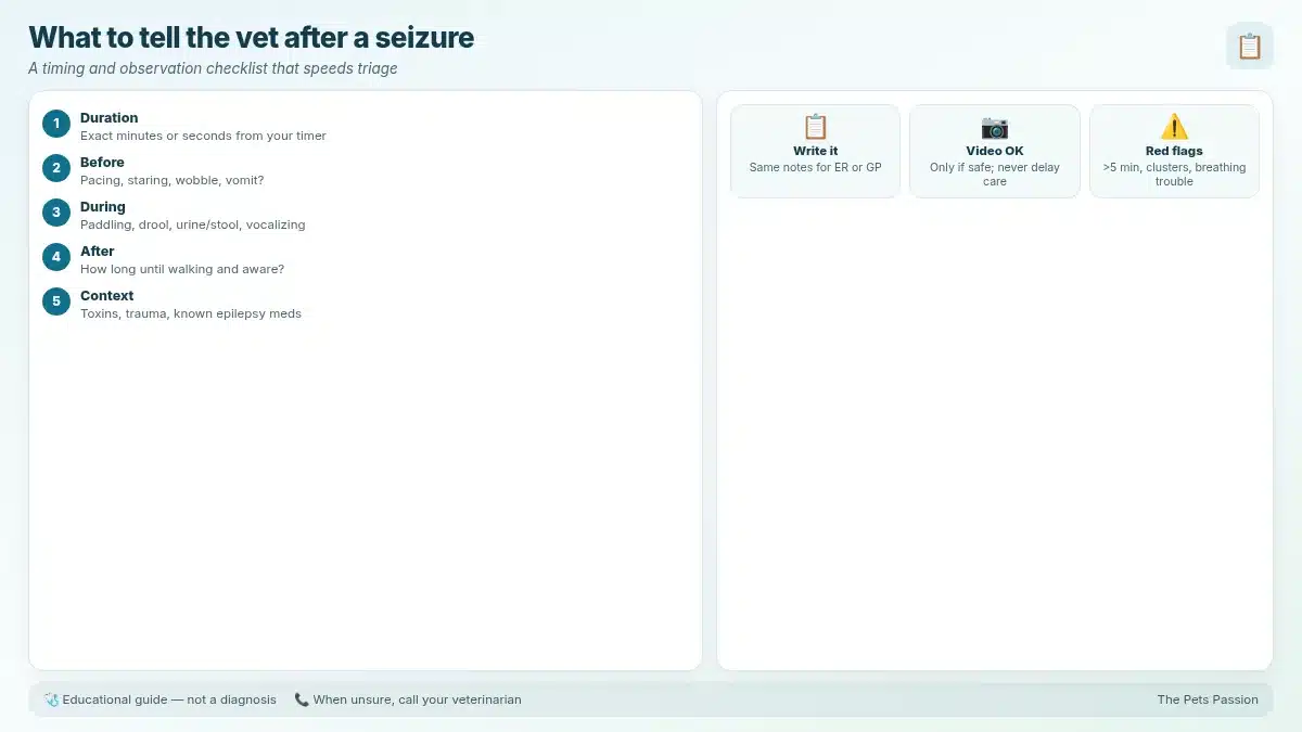 What to tell the vet after a seizure. A timing and observation checklist that speeds triage