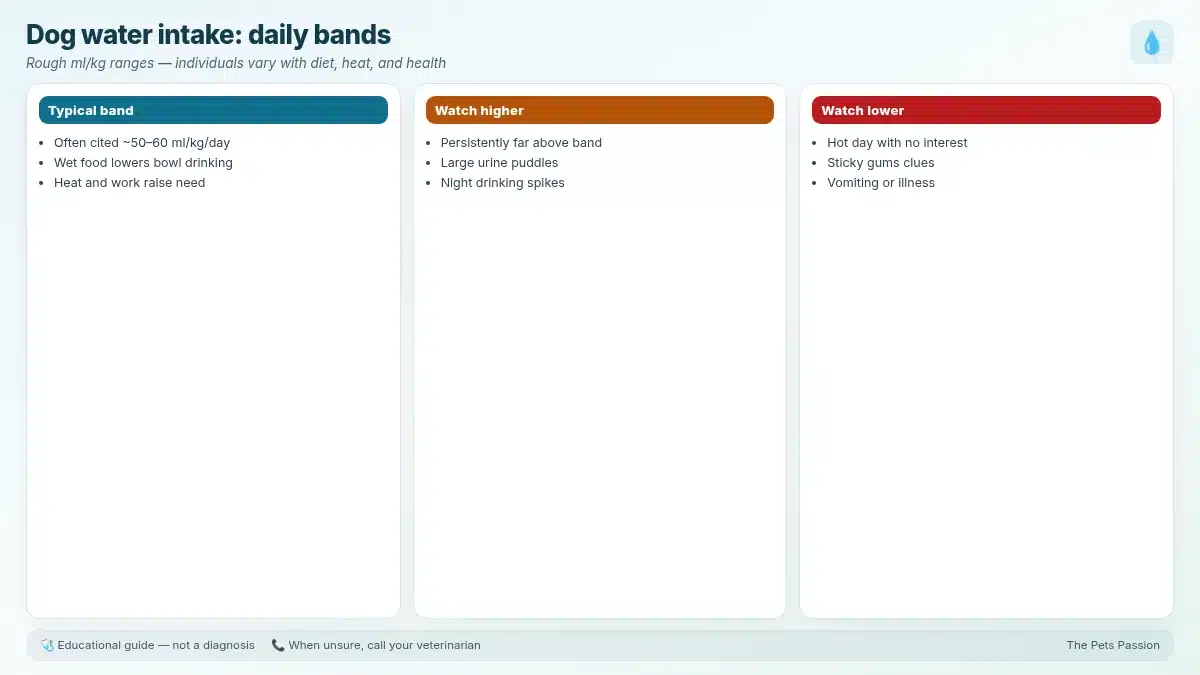 Dog water intake: daily bands. Rough ml/kg ranges — individuals vary with diet, heat, and health Dog water intake: daily bands. Rough ml/kg ranges — individuals vary with diet, heat, and health