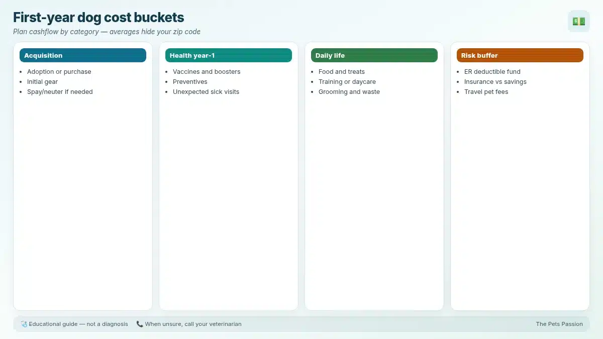 First-year dog cost buckets. Plan cashflow by category — averages hide your zip code First-year dog cost buckets. Plan cashflow by category — averages hide your zip code