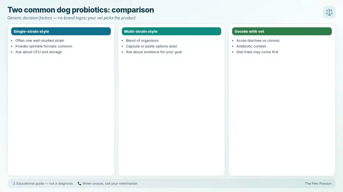 Two common dog probiotics: comparison. Generic decision factors — no brand logos; your vet picks the product Two common dog probiotics: comparison. Generic decision factors — no brand logos; your vet picks the product