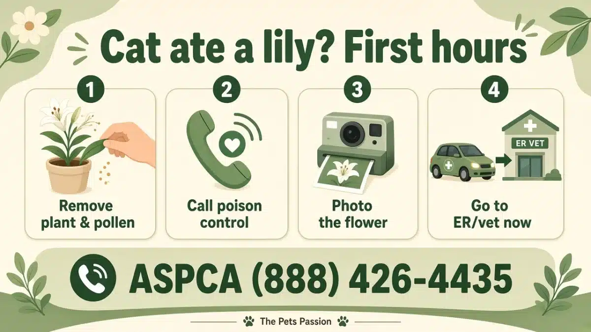 Cat ate a lily first-hour checklist First hours if cat ate a lily: remove plant, call poison control, photo flower, go to ER