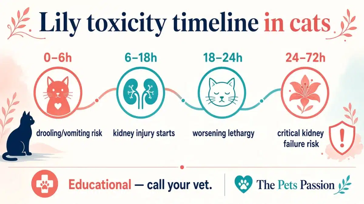 Lily toxicity cats symptom timeline Lily toxicity timeline in cats from 0–6 hours through 24–72 hours