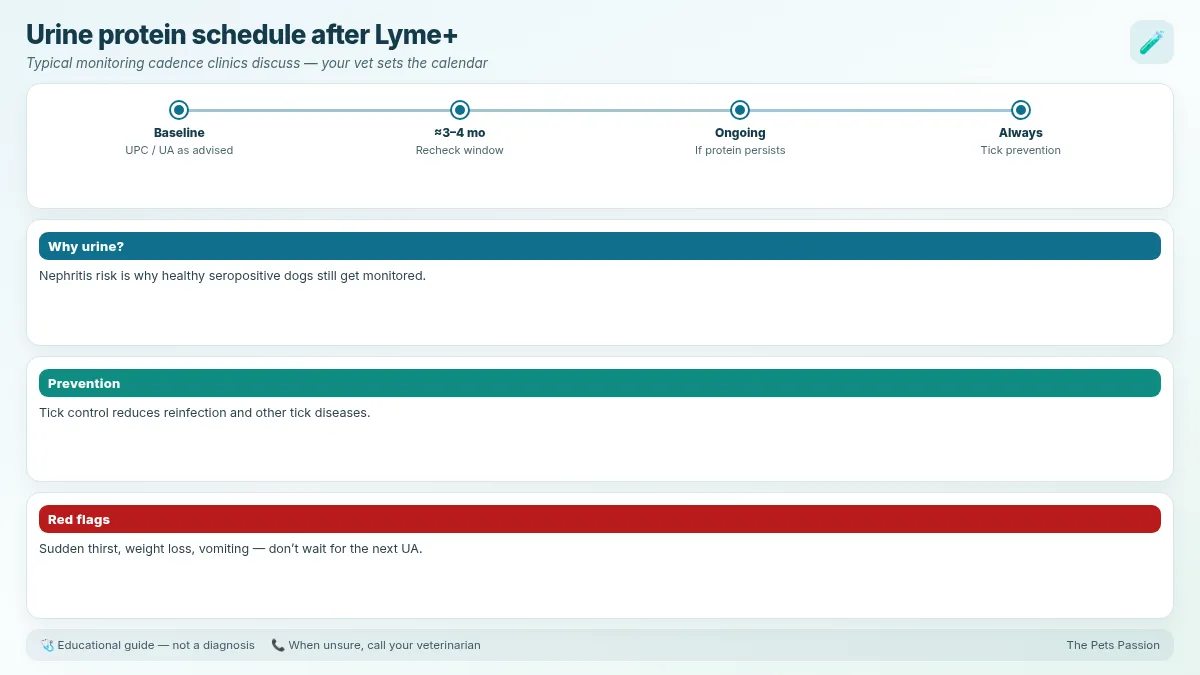 Urine protein schedule after Lyme+. Typical monitoring cadence clinics discuss — your vet sets the calendar Urine protein schedule after Lyme+. Typical monitoring cadence clinics discuss — your vet sets the calendar
