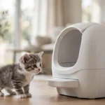 Tiny kitten approaching a modern automatic self-cleaning litter box