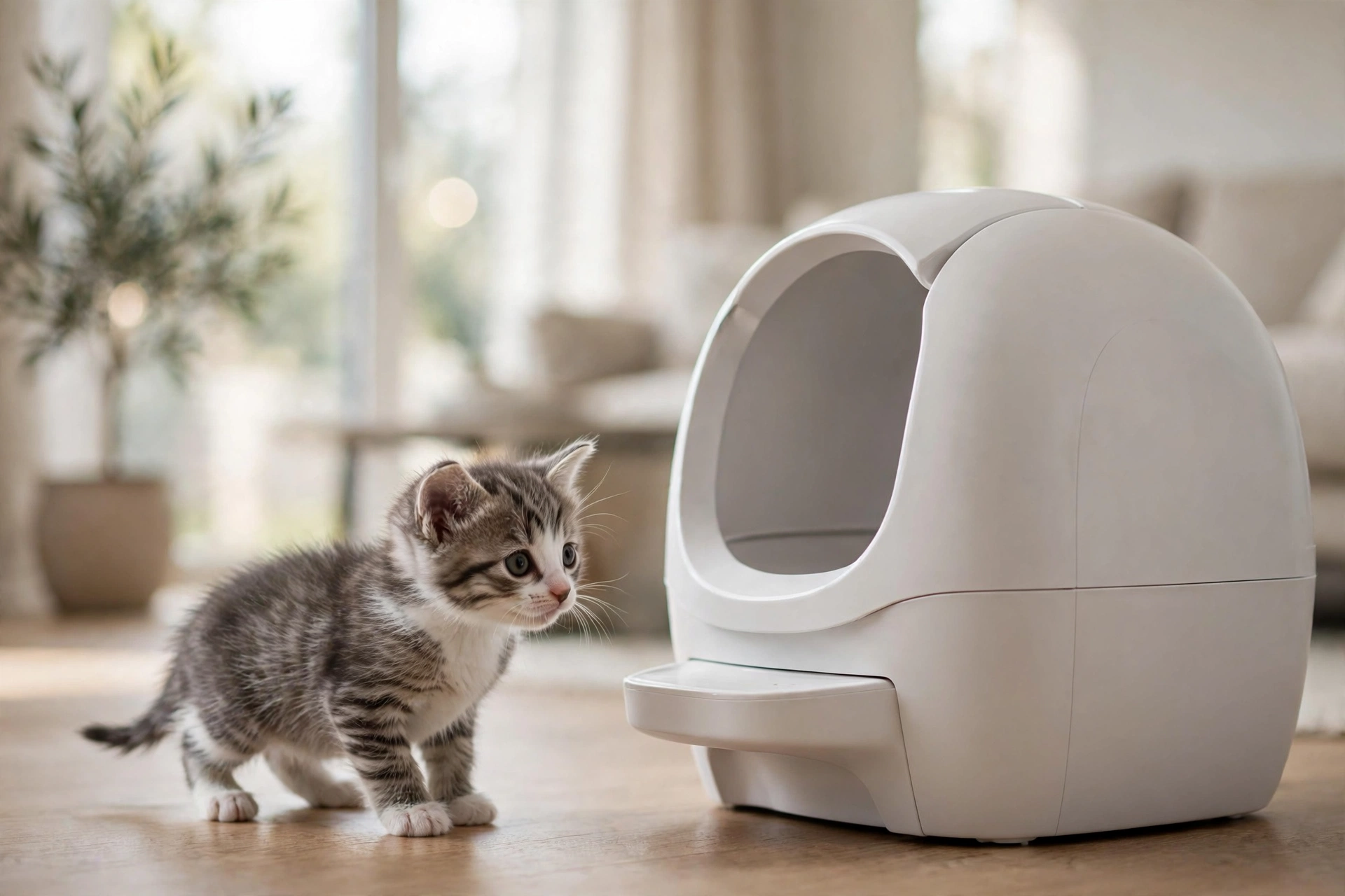 Tiny kitten approaching a modern automatic self-cleaning litter box