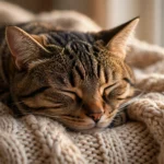 Tabby cat sleeping peacefully on a cozy knitted blanket