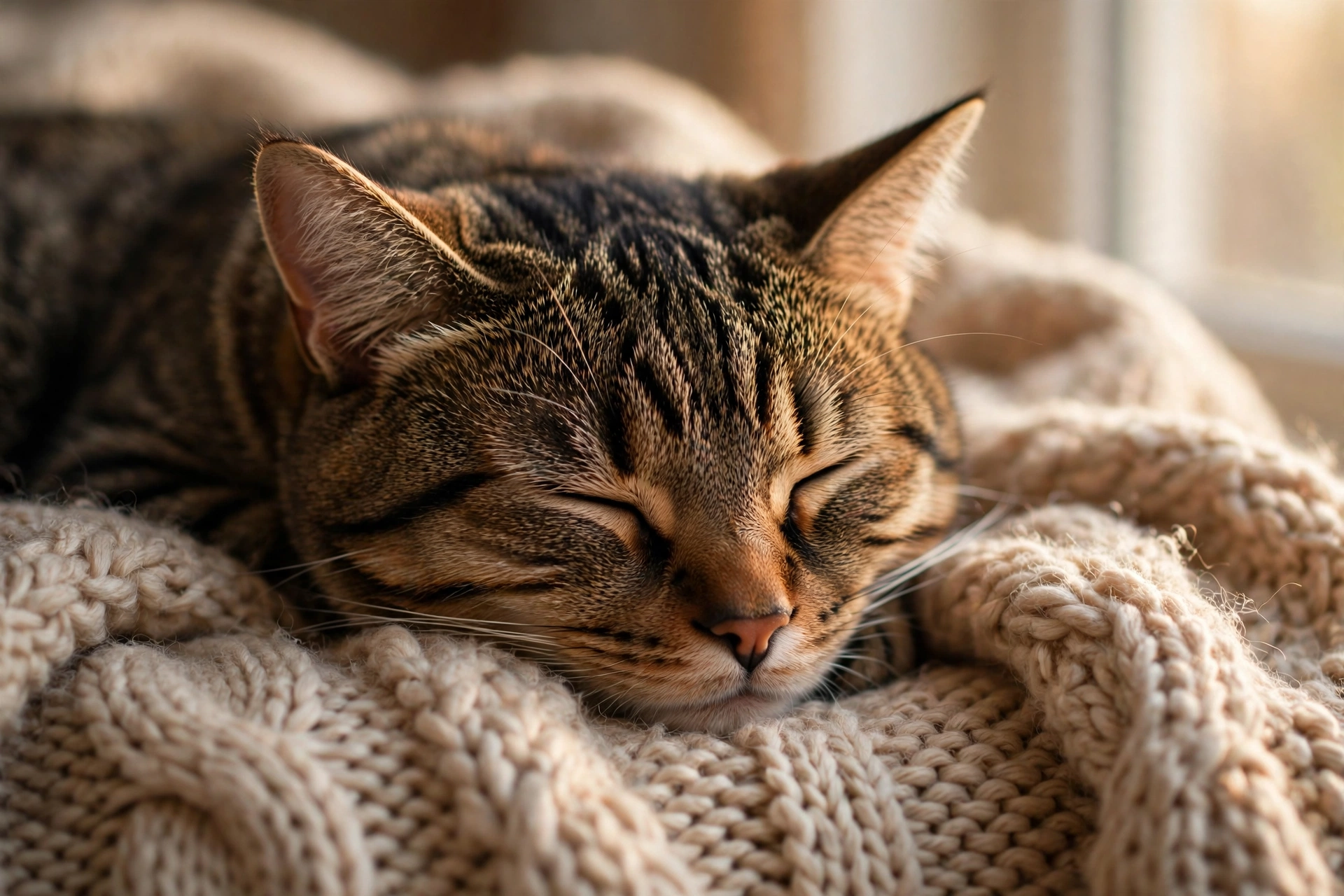 Tabby cat sleeping peacefully on a cozy knitted blanket