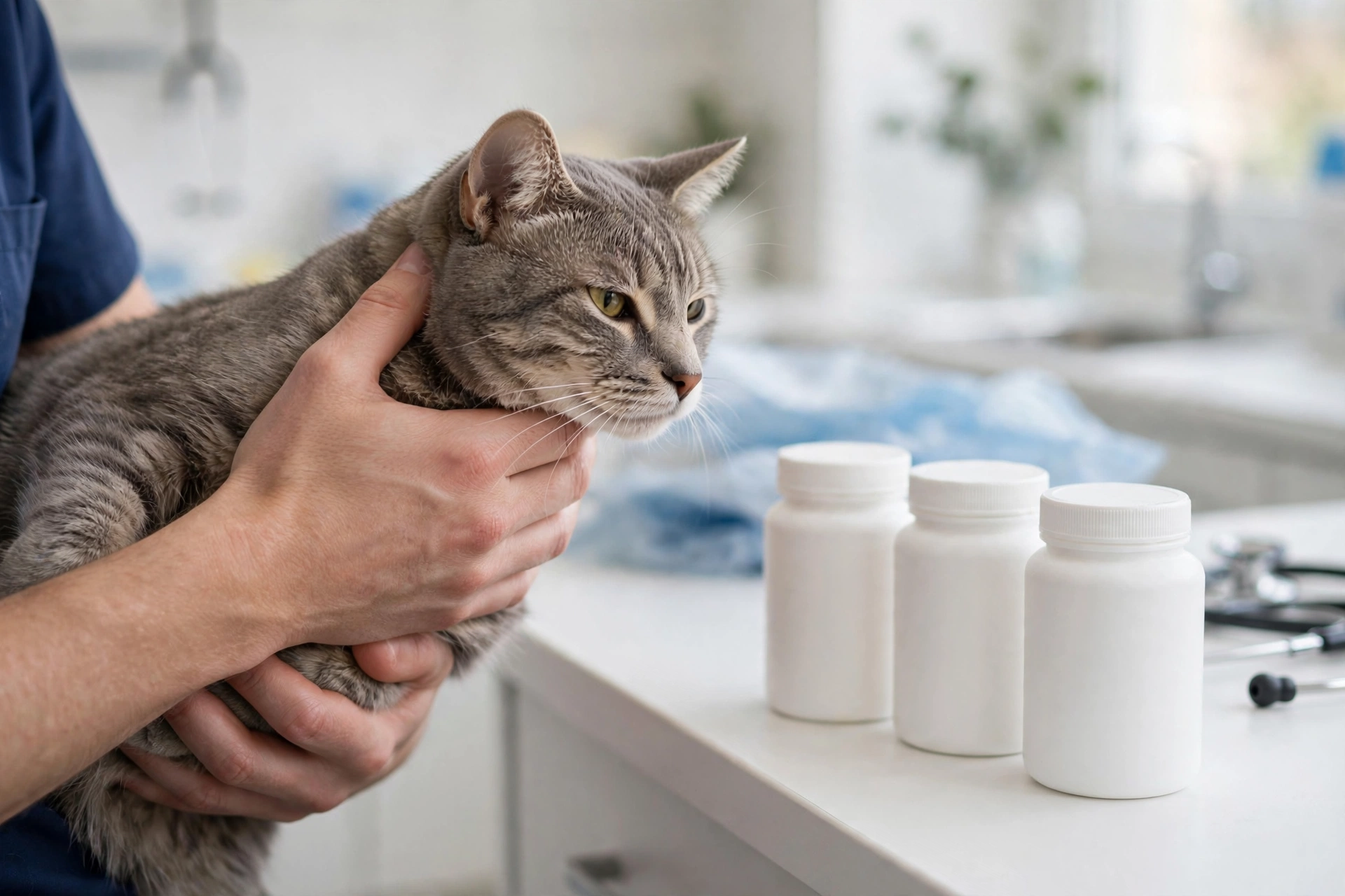 Veterinarian holding a cat beside unbranded pet supplement containers in a clinic