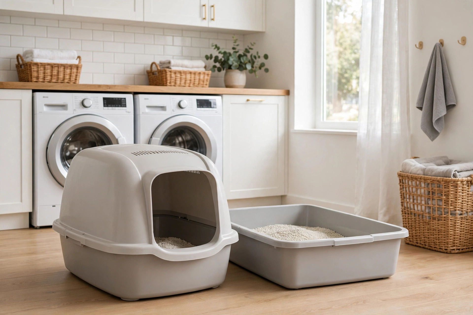 Covered and uncovered cat litter boxes side by side in a bright laundry room