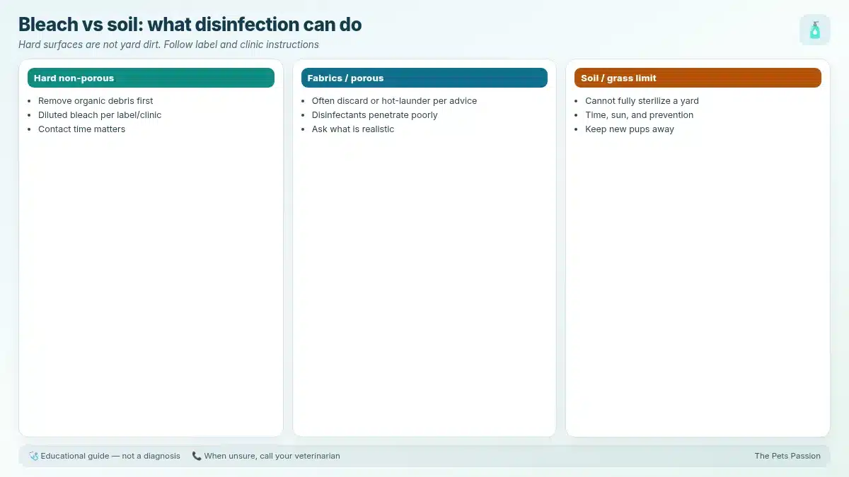 Bleach vs soil: what disinfection can do. Hard surfaces are not yard dirt. Follow label and clinic instructions Bleach vs soil: what disinfection can do. Hard surfaces are not yard dirt. Follow label and clinic instructions