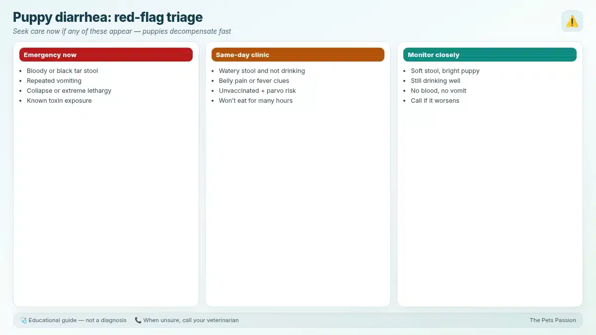 Puppy diarrhea: red-flag triage. Seek care now if any of these appear — puppies decompensate fast Puppy diarrhea: red-flag triage. Seek care now if any of these appear — puppies decompensate fast