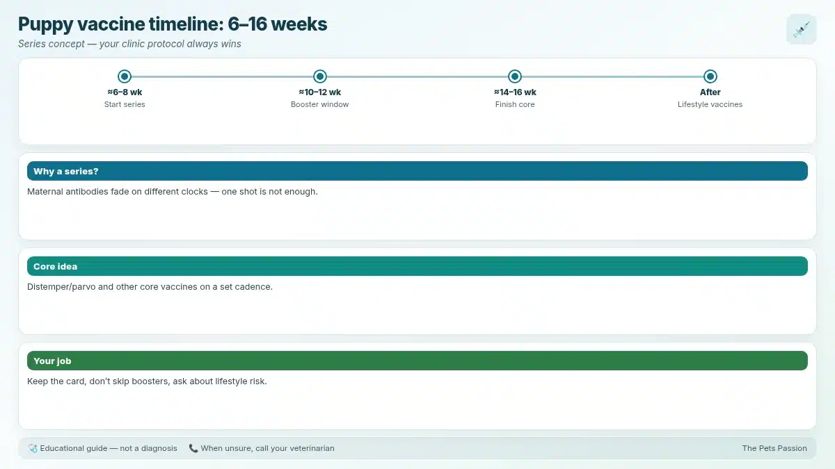 Puppy vaccine timeline: 6–16 weeks. Series concept — your clinic protocol always wins Puppy vaccine timeline: 6–16 weeks. Series concept — your clinic protocol always wins