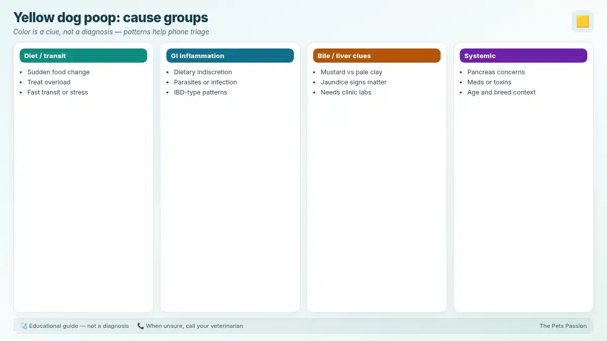 Yellow dog poop: cause groups. Color is a clue, not a diagnosis β patterns help phone triage Yellow dog poop: cause groups. Color is a clue, not a diagnosis β patterns help phone triage