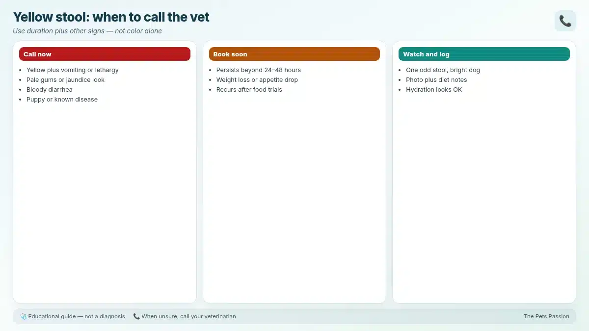 Yellow stool: when to call the vet. Use duration plus other signs β not color alone Yellow stool: when to call the vet. Use duration plus other signs β not color alone
